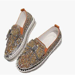 Womens 8.5/39 Rhinestone Bow Platform Sneakers Glitter Walking Slip-On Loafers